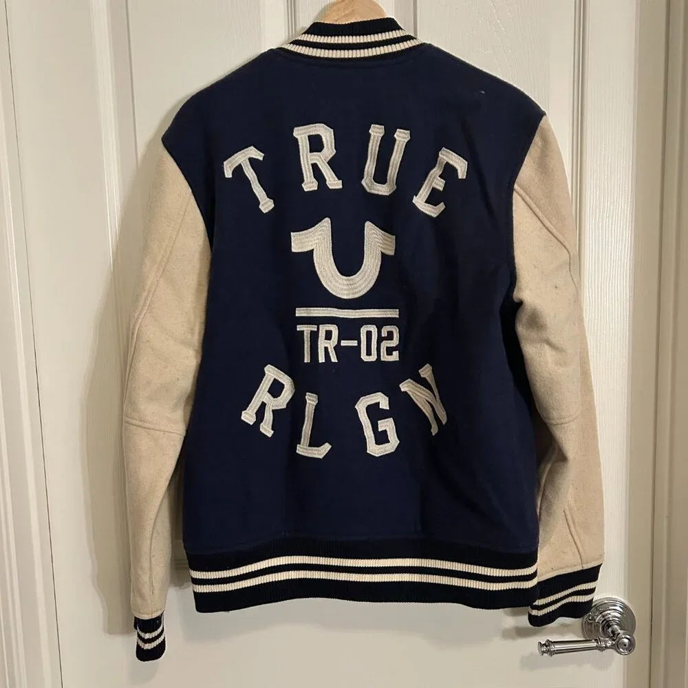 True Religion Varsity Letterman Jacket Wool Blend Snap Front Y2K Streetwear - Picture 6 of 12